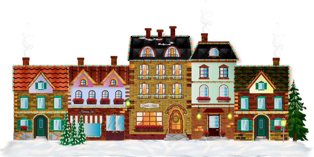 Drawing of the front view of a small highstreet with lots of different building in different sixes, styles and colours with a green Christmas tree at the end of the street.