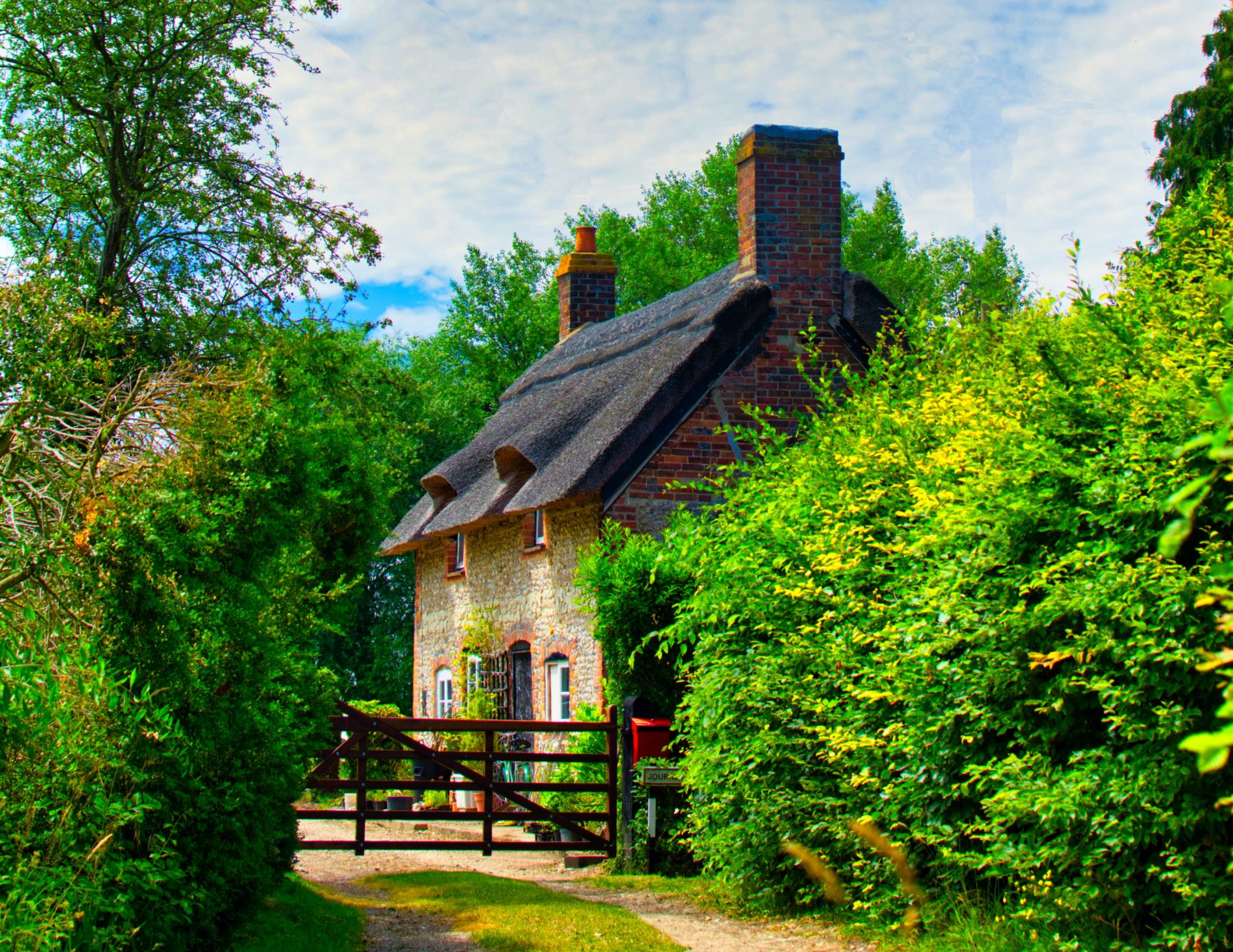 Stone cottage with a thatched roof with tall green trees surrounding it