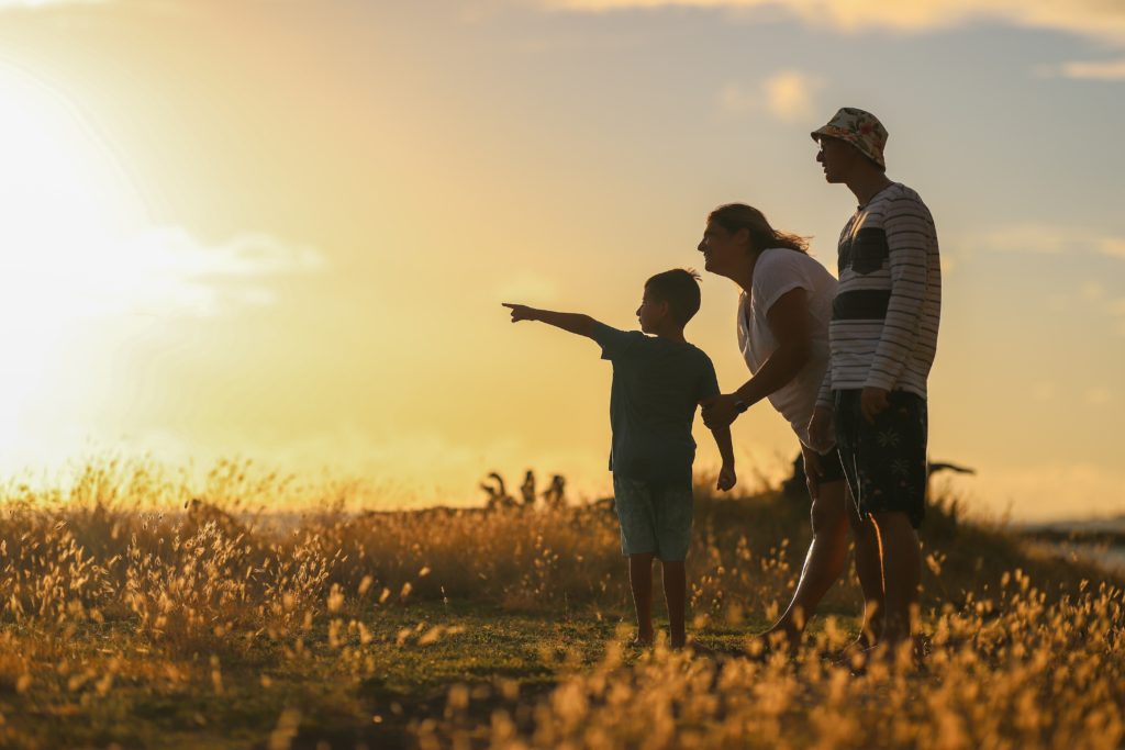 Image of a mother, father and son stood in a field during sunset pointing into the distance